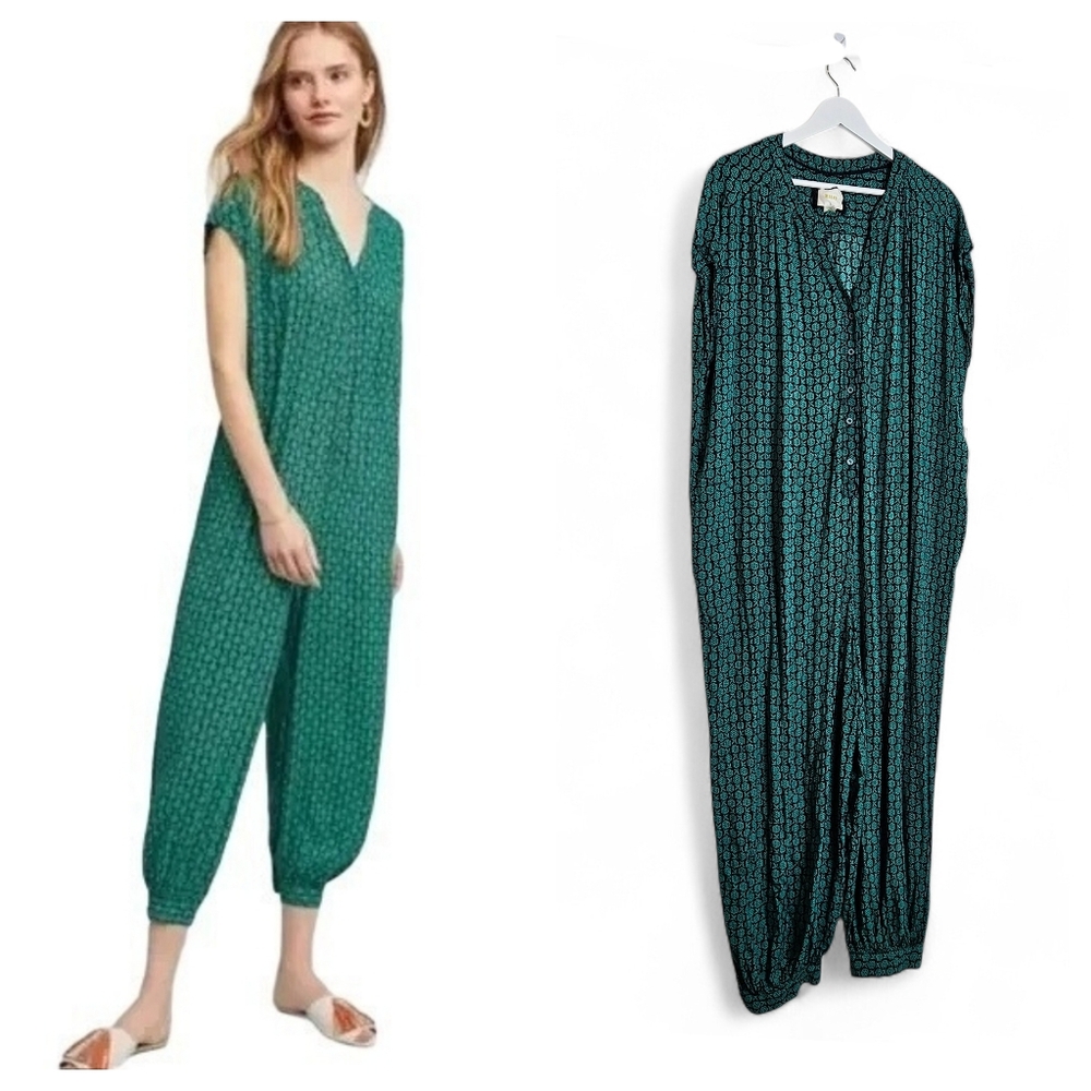 Anthro Maeve Geoscope Green Navy Print Harem Jumpsuit Button V Neck Pockets L